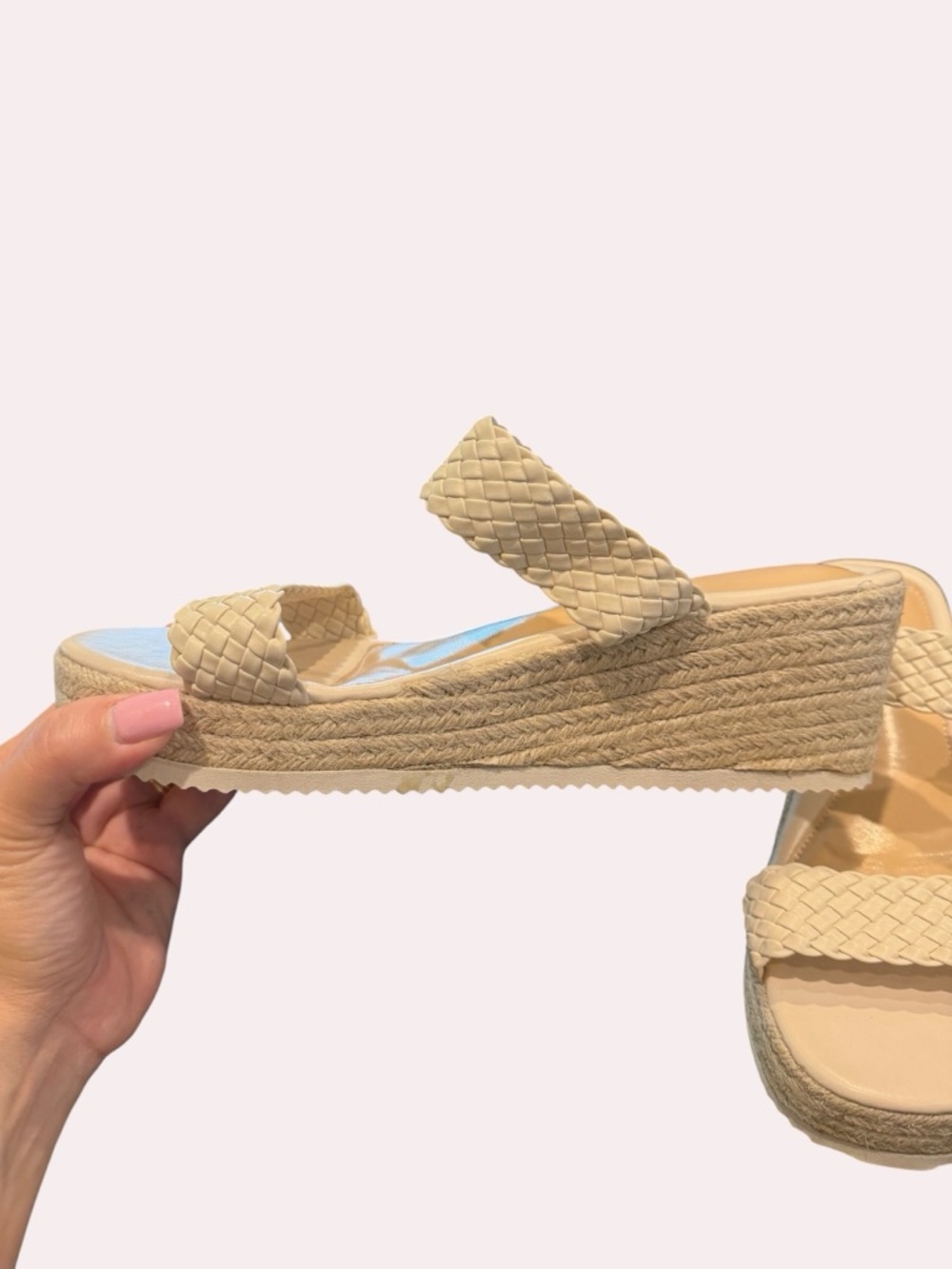 Beige Woven Espadrille Wedge Slide Sandals